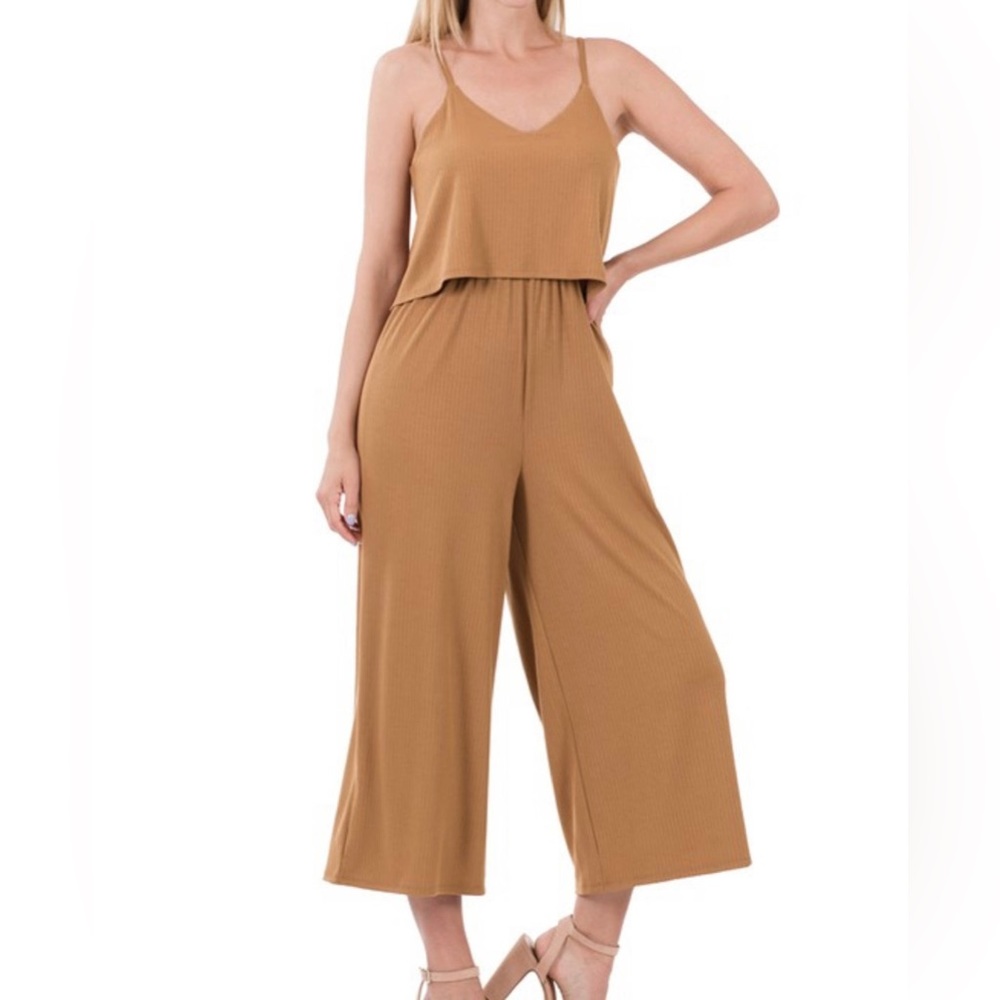 Zenana Outfitters Camel Ribbed Wide-Leg Jumpsuit